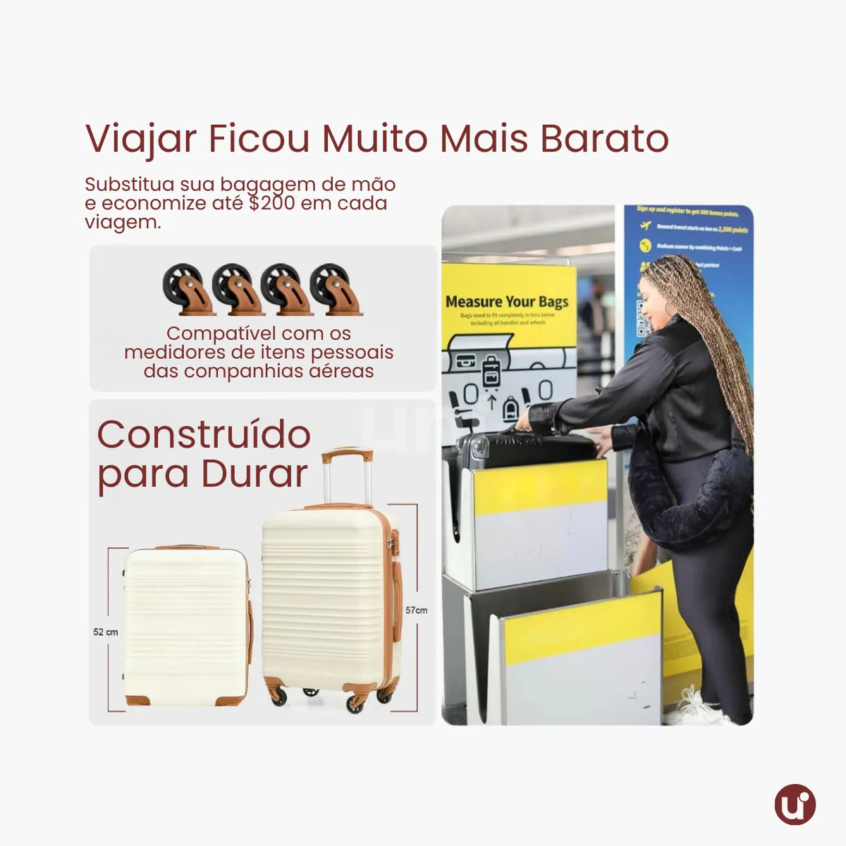 Kit Mala de Bordo 10kg Rodas Removíveis ANAC + Bolsa e Nécessaire
