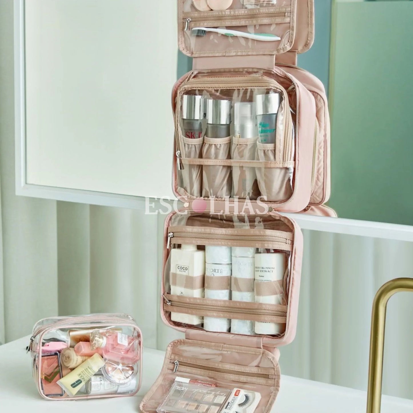 Necessaire de Viagem Dobrável Feminina com Gancho BeautyVoyage™