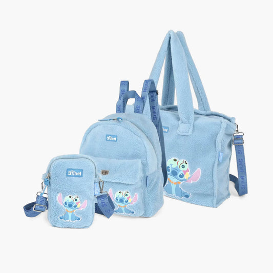 Kit Mochila e Bolsa Infantil Stitch Disney Pelúcia 3 Peças - Edição Mês das Crianças