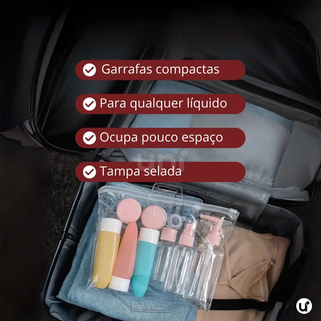 Kit de Frascos para Viagem 11 Peças Antivazamento com Necessaire Transparente