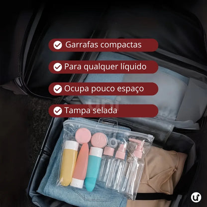 Kit de Frascos para Viagem 11 Peças Antivazamento com Necessaire Transparente