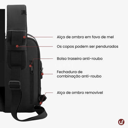 Bolsa Transversal Antifurto Impermeável com Cadeado e USB - SecureCarry™