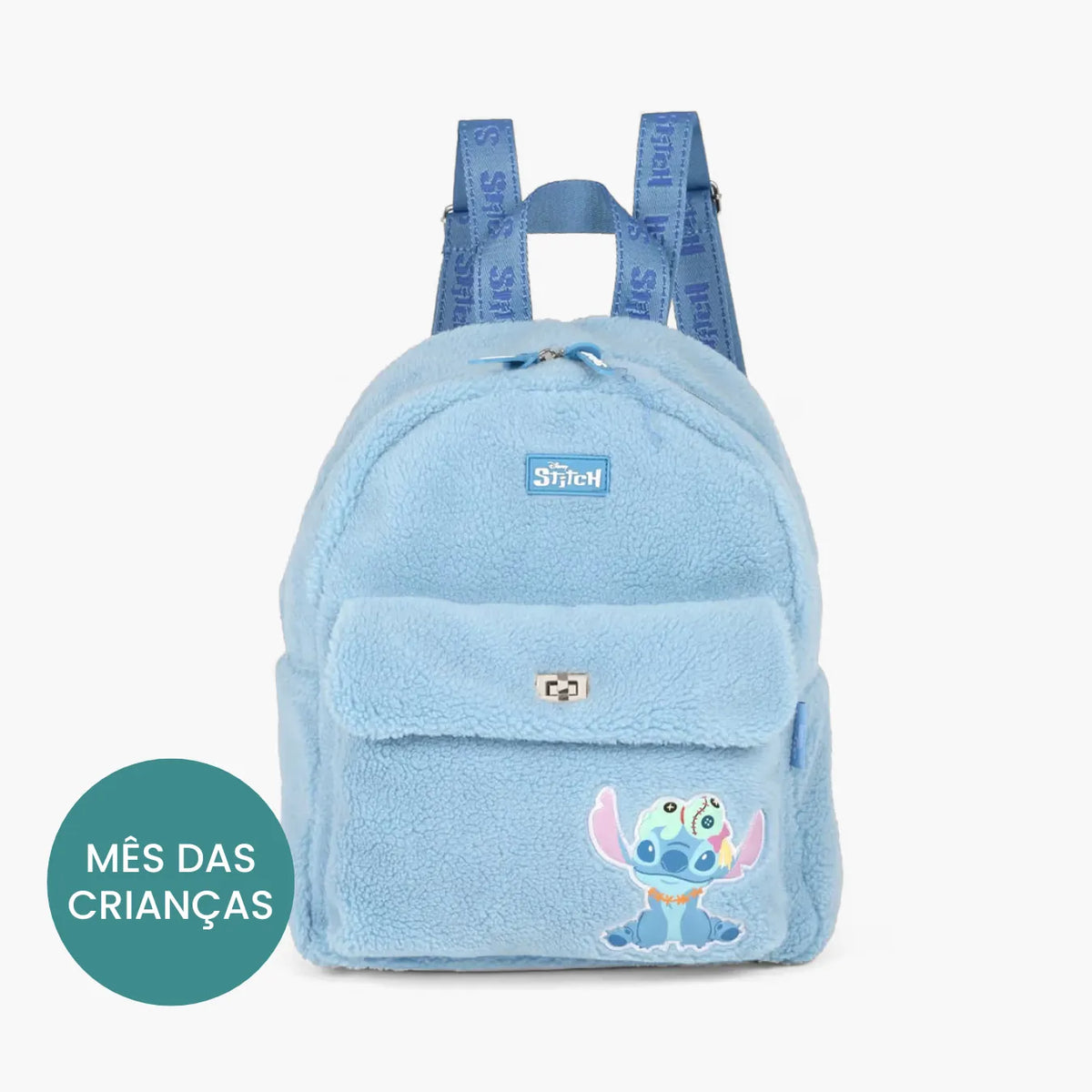 Kit Mochila e Bolsa Infantil Stitch Disney Pelúcia 3 Peças - Edição Mês das Crianças