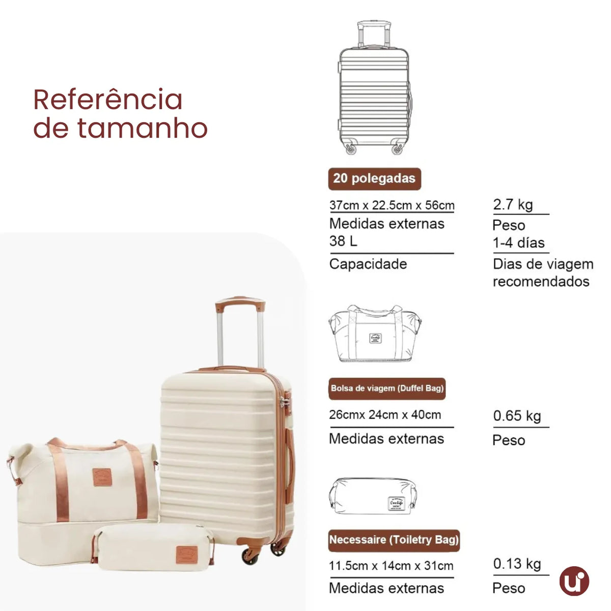 Kit Mala de Bordo 10kg Rodas Removíveis ANAC + Bolsa e Nécessaire