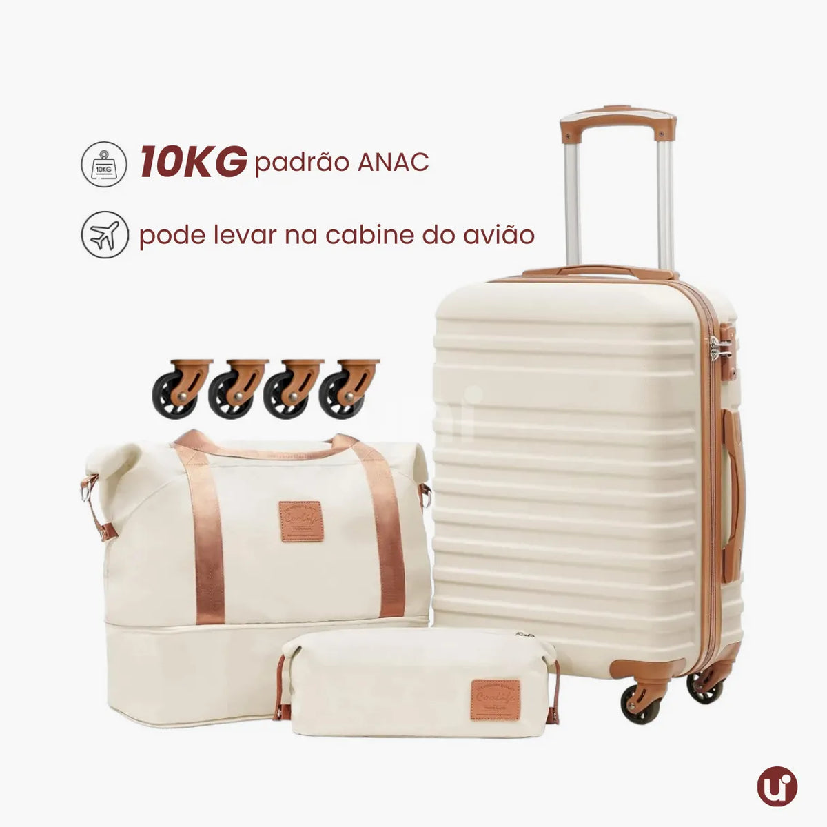Kit Mala de Bordo 10kg Rodas Removíveis ANAC + Bolsa e Nécessaire