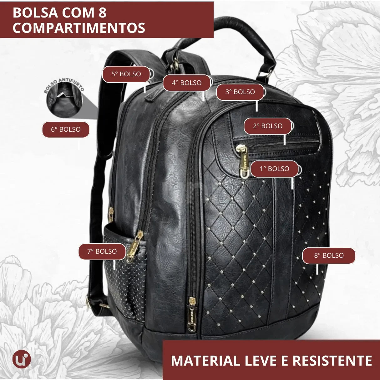 Mochila Feminina de Couro Antifurto para Notebook 15" Impermeável