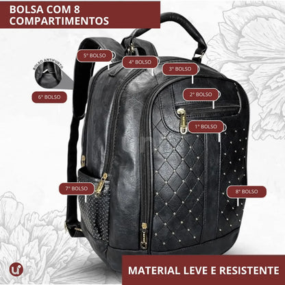 Mochila Feminina de Couro Antifurto para Notebook 15" Impermeável