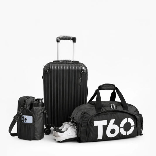 Kit Dinâmica Premium: Mala de Bordo 10kg ABS + Bolsa Esportiva T60 + BLINDES