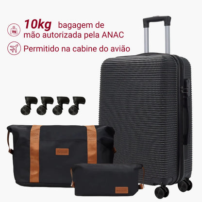 Kit Mala de Bordo 10kg Rodas Removíveis ANAC + Bolsa e Nécessaire