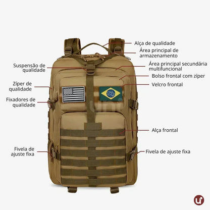 Mochila Tática Militar 50L Impermeável Tactical Titan™ | Brinde: Patch Bandeira do Brasil