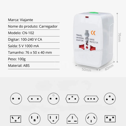 Adaptador de Tomada Internacional Universal Bivolt com Proteção Contra Surtos