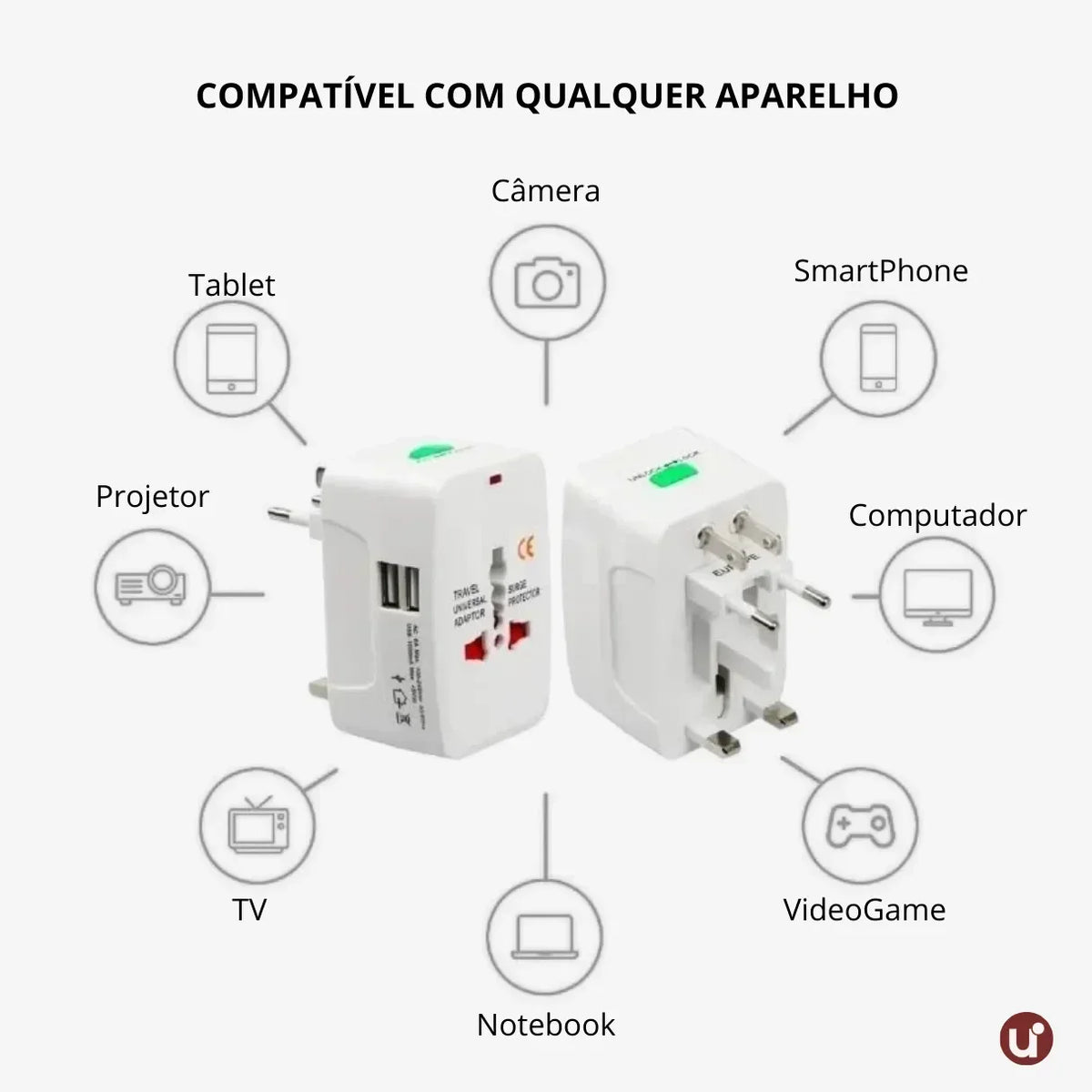 Adaptador de Tomada Internacional Universal Bivolt com Proteção Contra Surtos