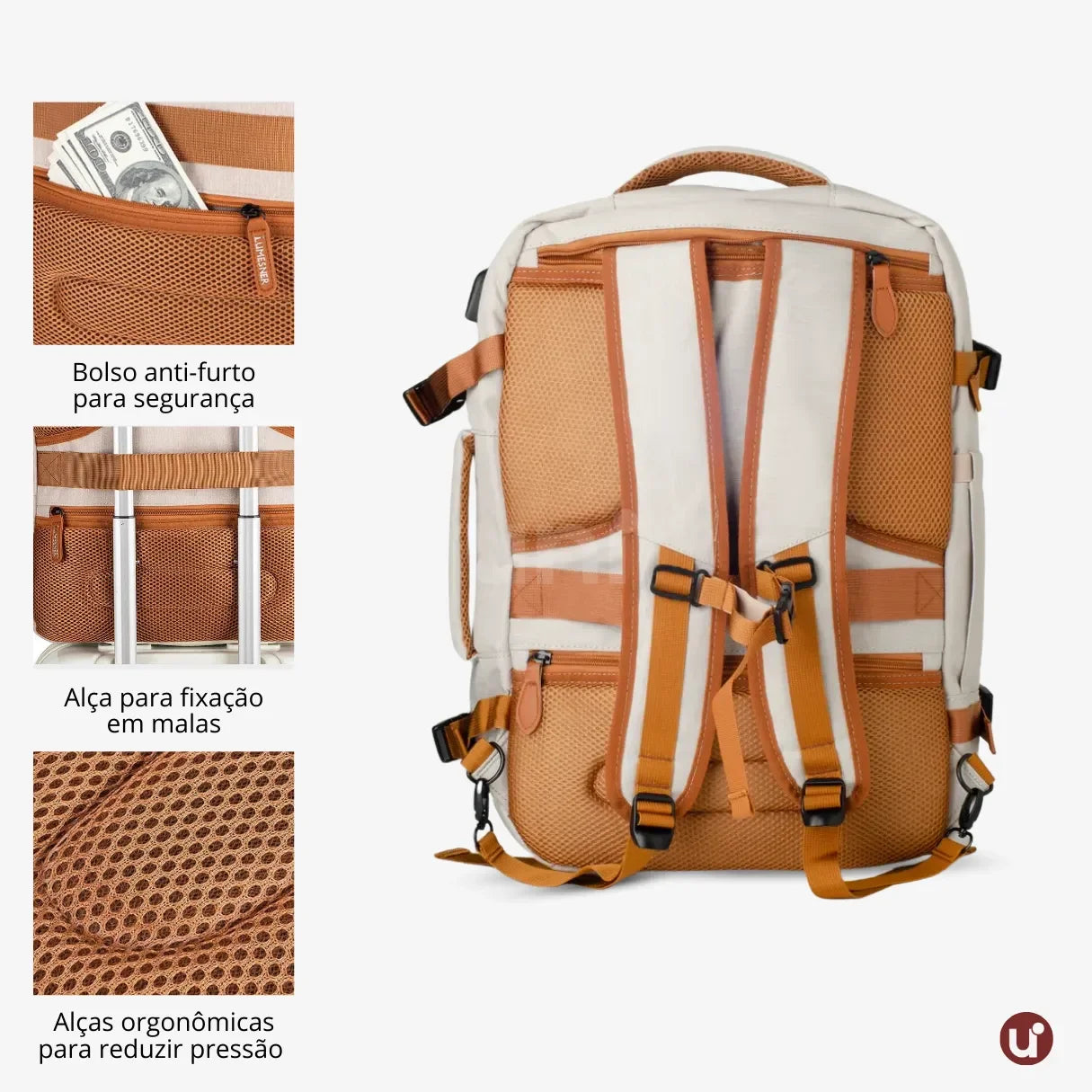 Mochila de Viagem 40L Expansível + 3 Necessaires Grátis